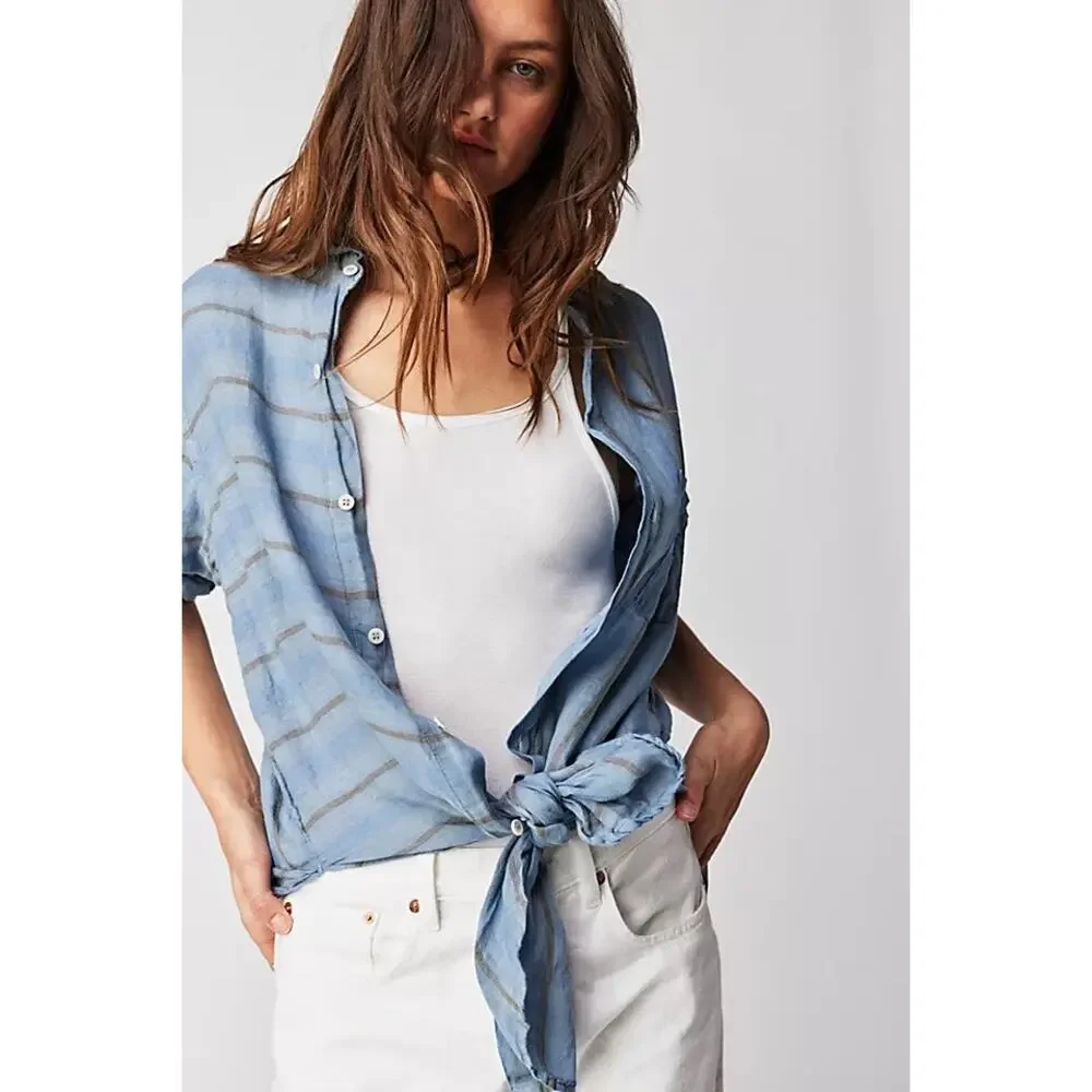 NWOT Free People x CP Shades Mixed Plaid Linen Double Cloth Top L $250 - Picture 2 of 12